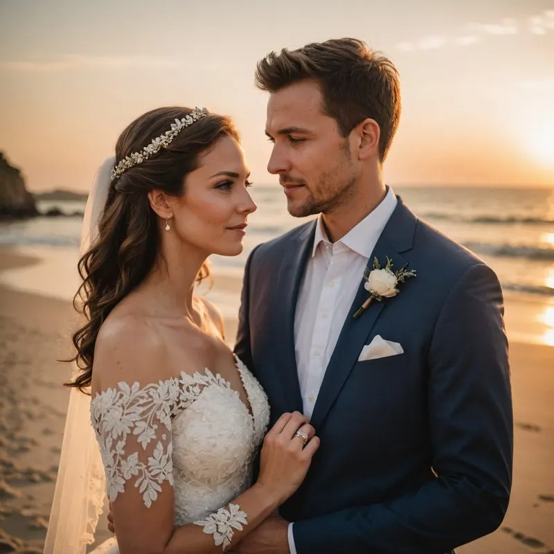 Exemplo de retrato de casamento na praia ao pôr do sol