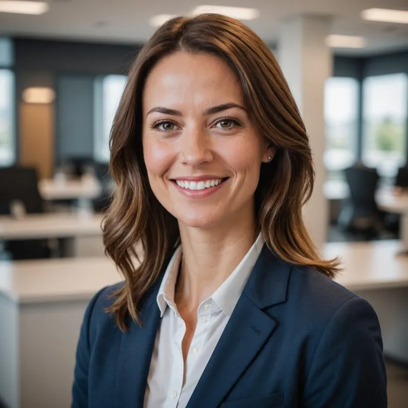Exemplo de retrato corporativo com fundo desfocado de escritório